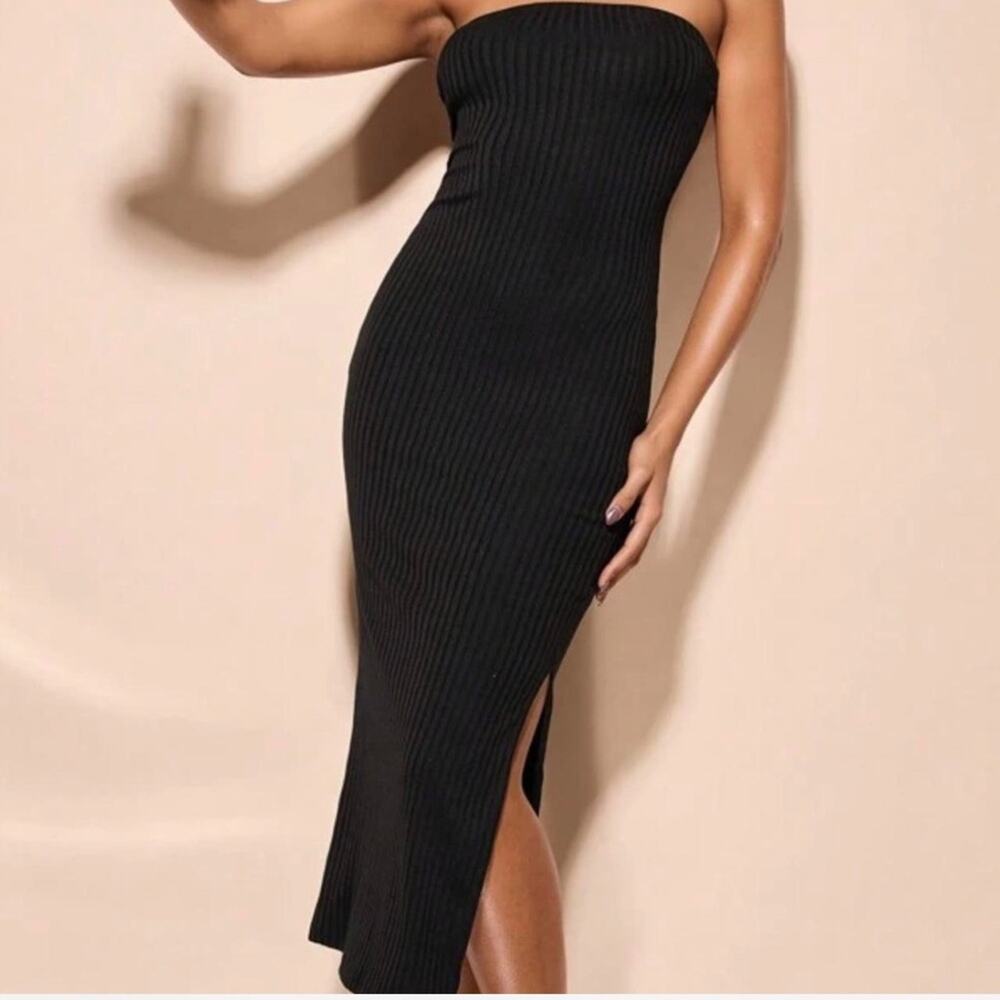White Fox Ribbed Bodycon Black Strapless Dress Slit Sexy Formal Hoco Women’s